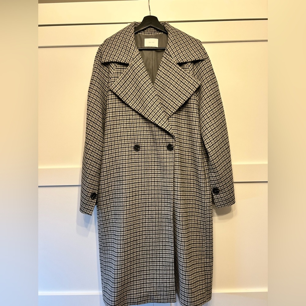 OAK + FORT Gray and Blue/Black Houndstooth Wool Blend Coat